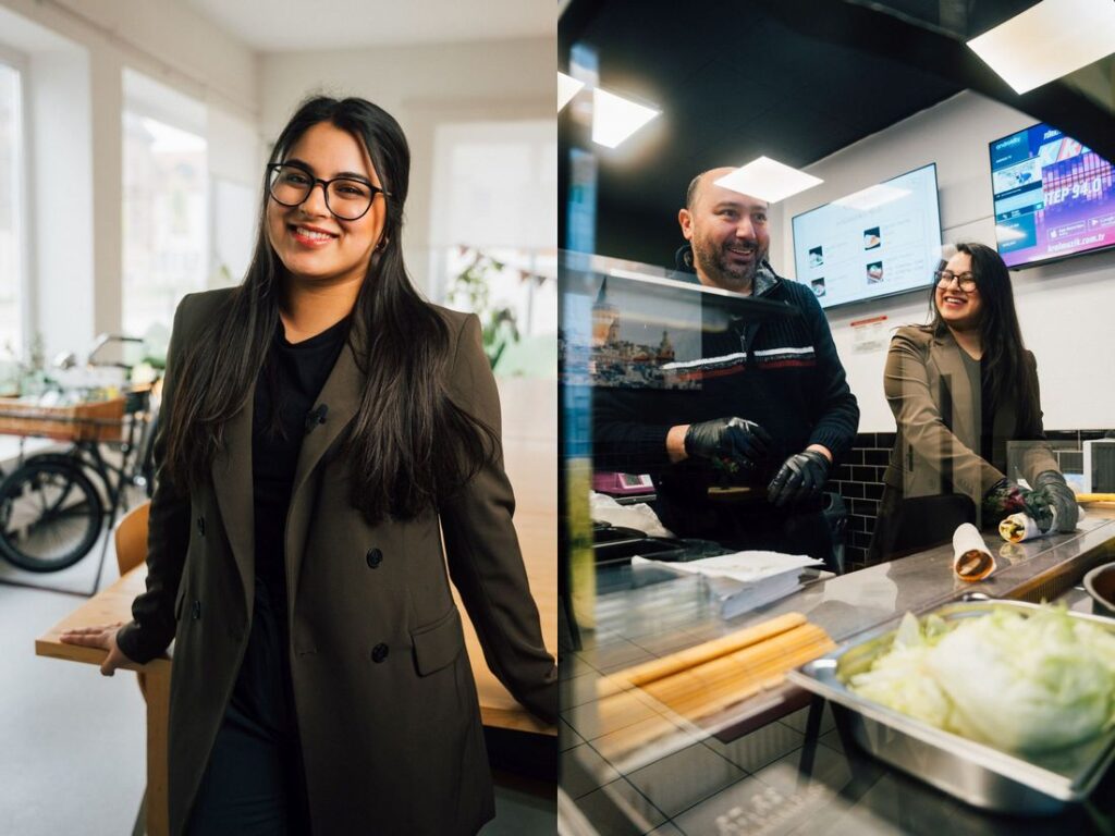 Auf der linken Seite ist Mahwish Iftikhar abgebildet. Sie steht vor einem Fahrrad. Rechts ist sie mit eine Mann abgebildet, mit dem gemeinsam sie eine Art Wrap/ Lahmacun vorbereitet.